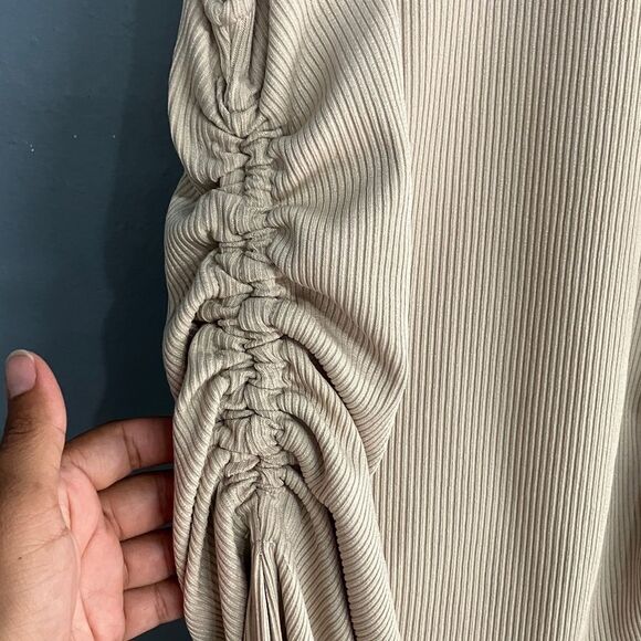 ZARA Tan High Neck Sleeveless Gathered Mini Bodycon Vacation Beach Dress Small # - Picture 3 of 5